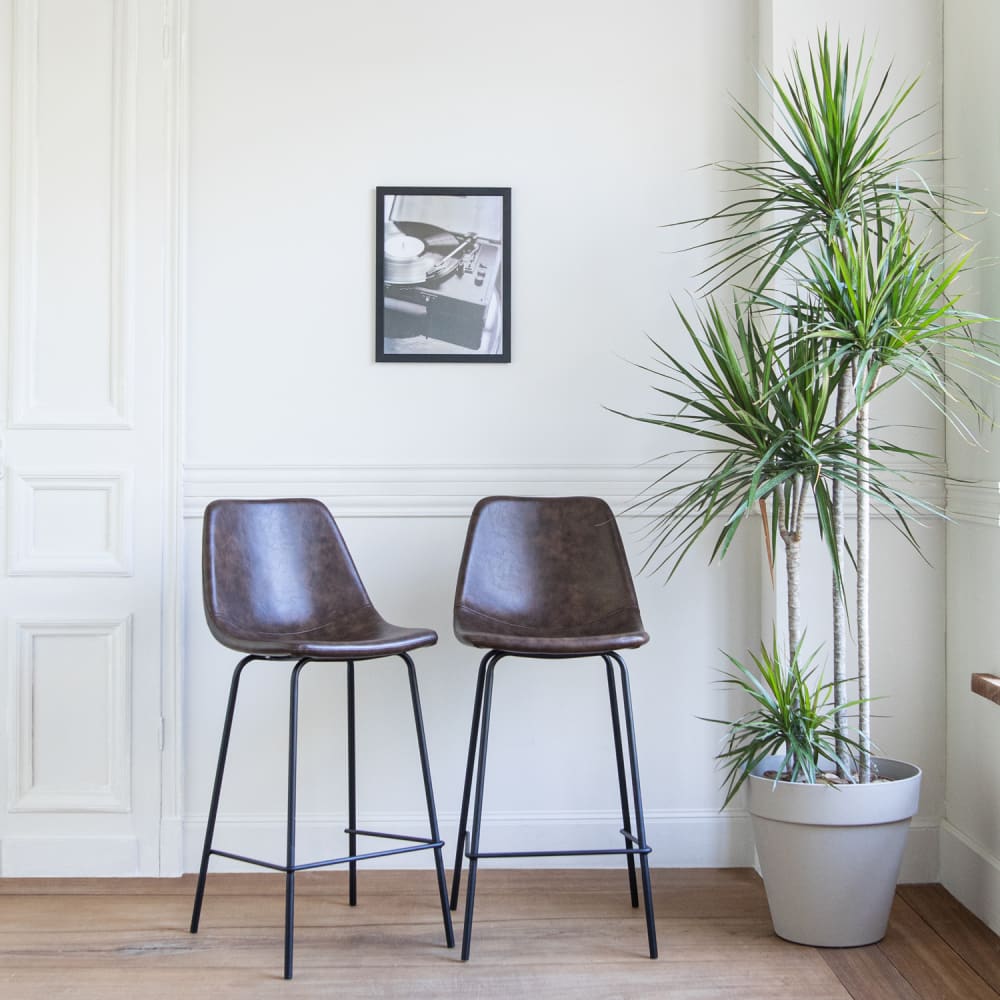 Lot de 2 tabourets de bar vintage 65cm en simili cuir marron