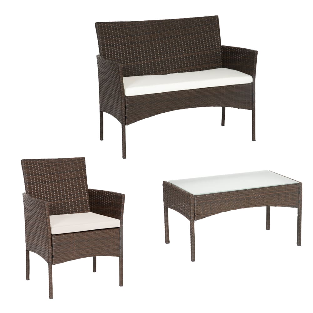 Salon de jardin 4 places résine tressée marron tissu ivoire - Maisons du Monde