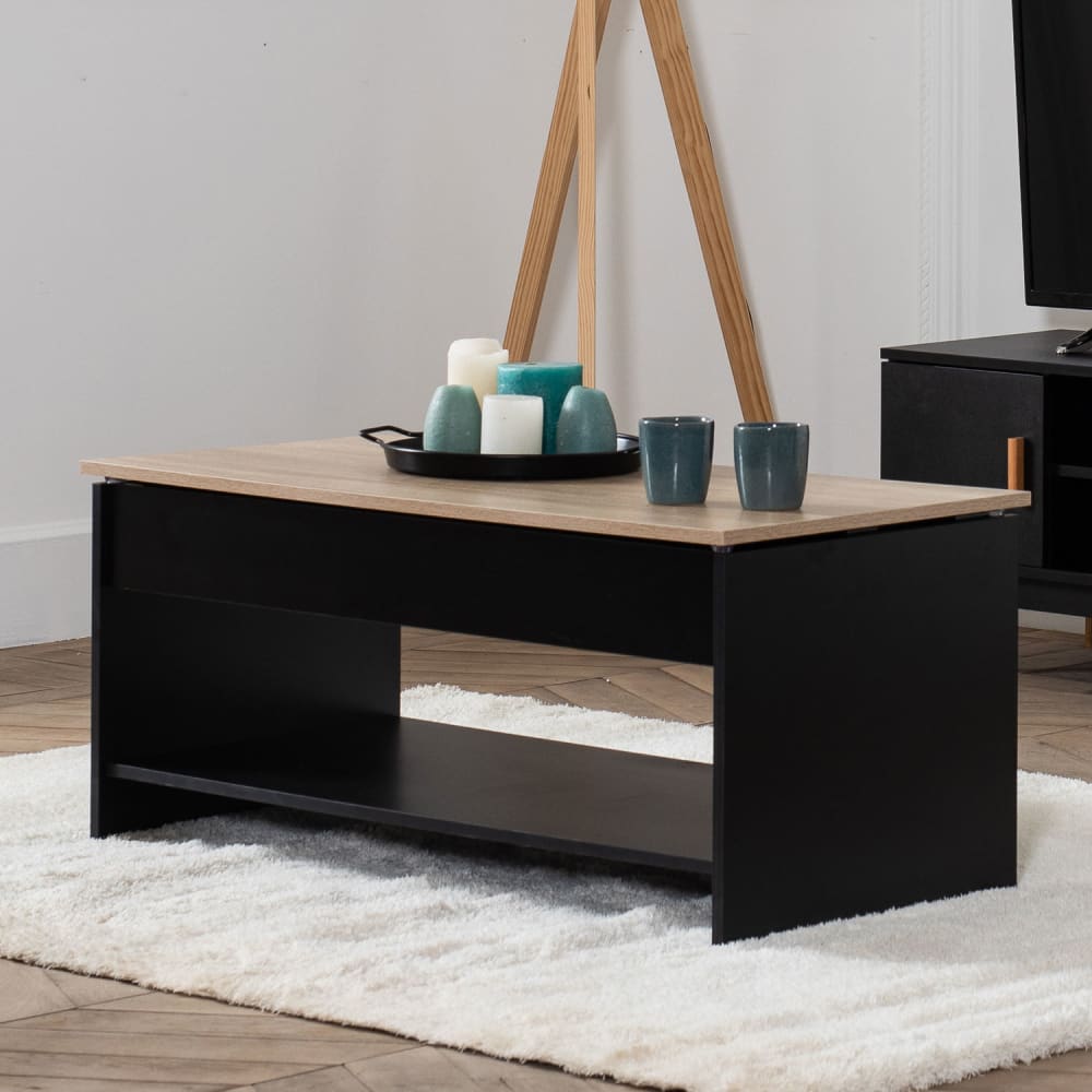 Table basse avec plateau relevable noire et bois