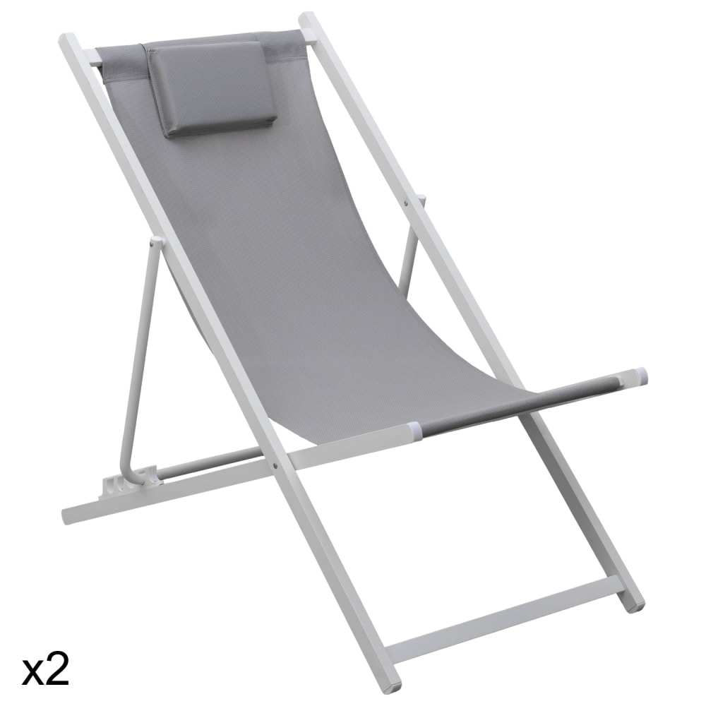 Lot de 2 chiliennes en textilène gris et aluminium blanc