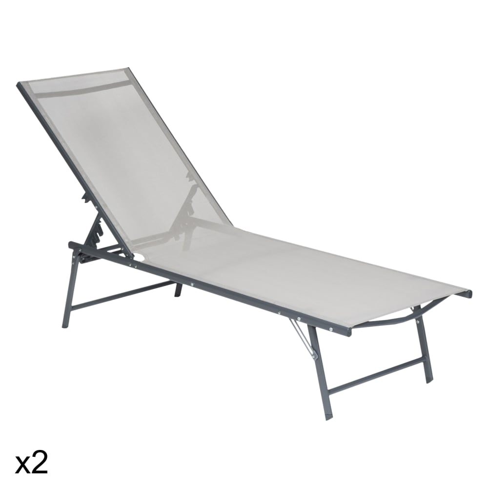 Lot de 2 transats pliants en acier gris anthracite et textilène gris