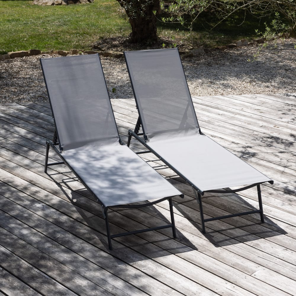 Lot de 2 transats pliants en acier gris anthracite et textilène gris