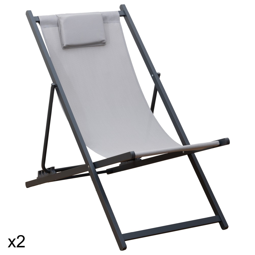 Lot de 2 chiliennes en textilène gris et aluminium anthracite