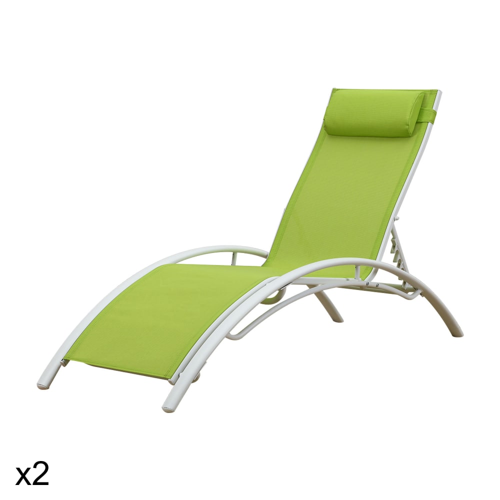 Lot de 2 transat en textilène vert et structure blanche