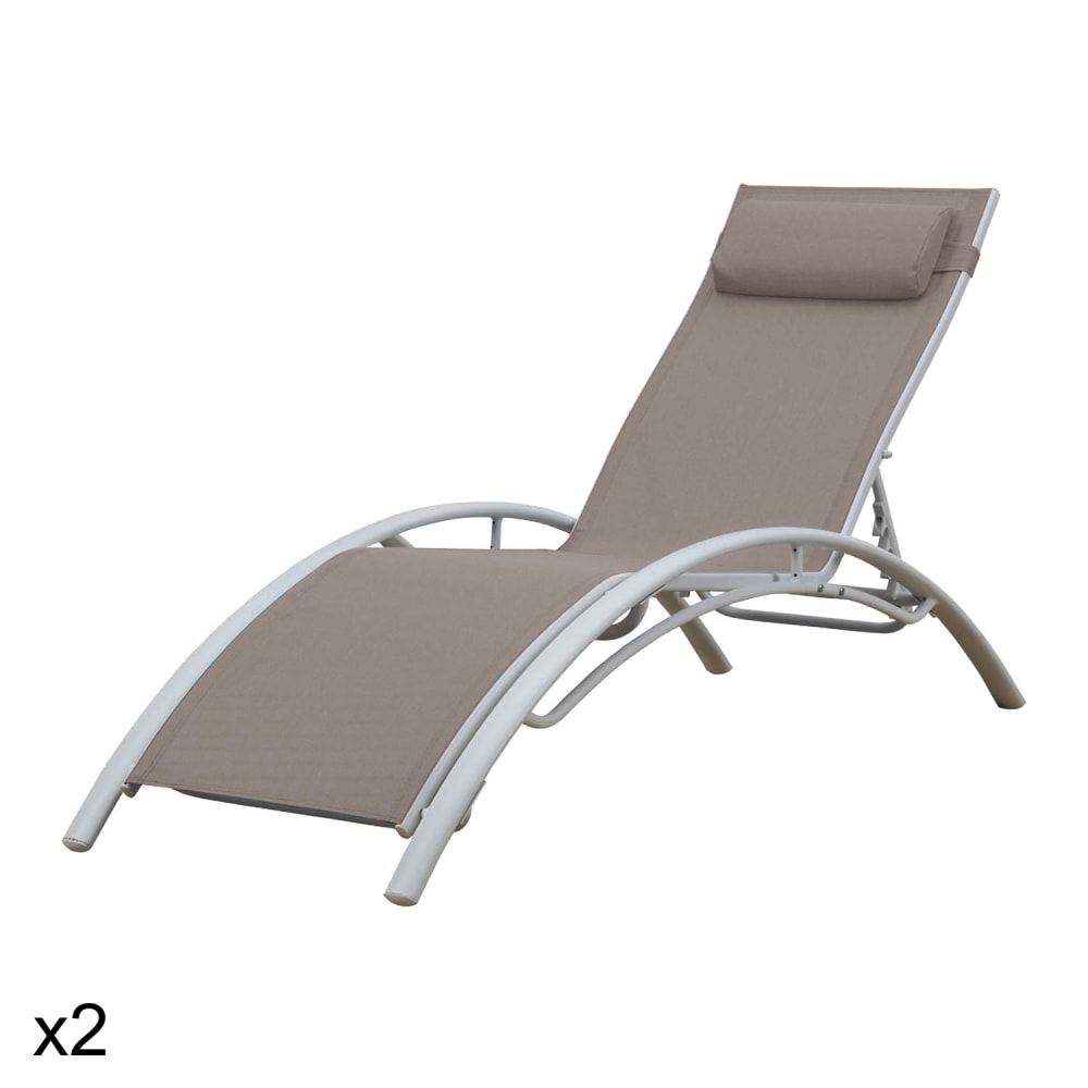 Lot de 2 transat en textilène taupe et structure blanche
