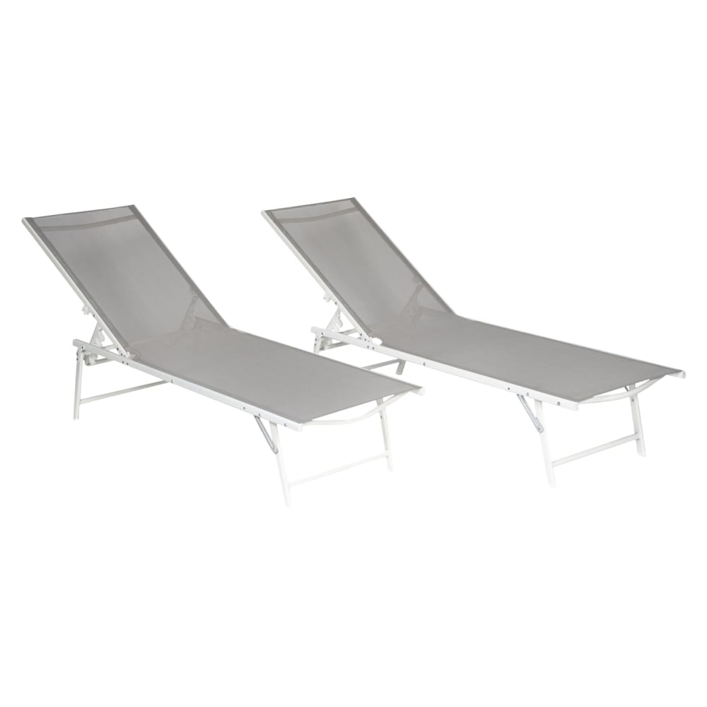 Lot de 2 transats pliants en acier blanc et textilène gris