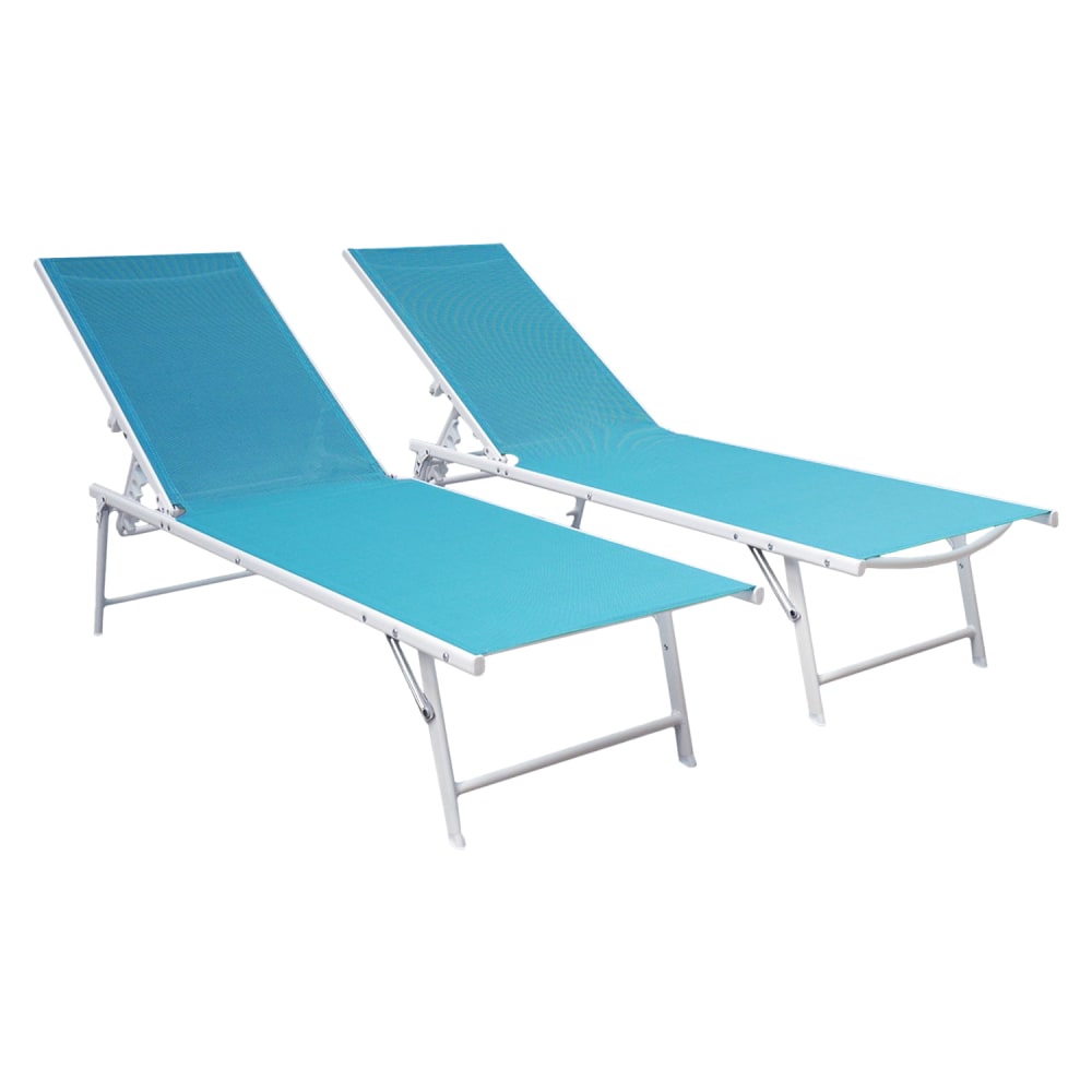 Lot de 2 transats pliants en acier blanc et textilène bleu clair