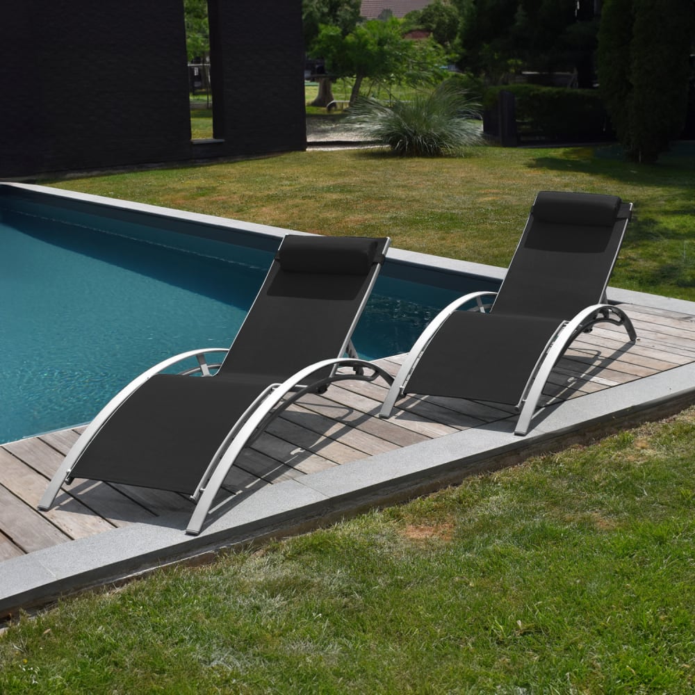 Lot de 2 transat en textilène noir et structure grise