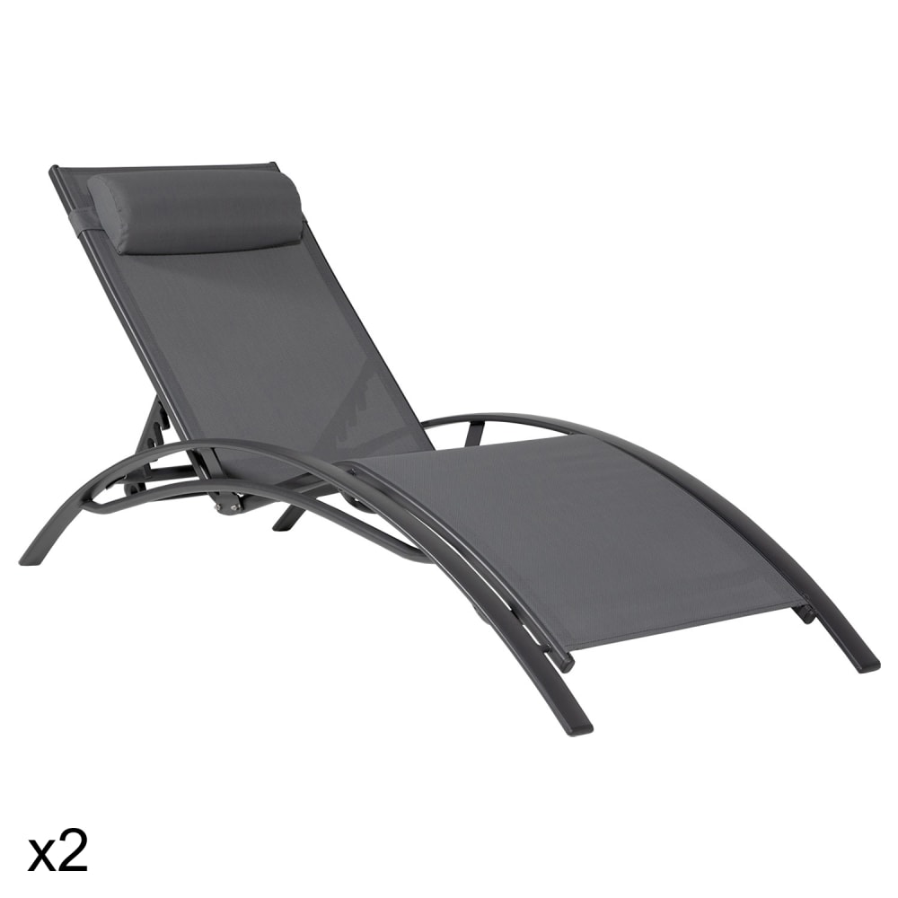 Lot de 2 transat en textilène gris et structure anthracite