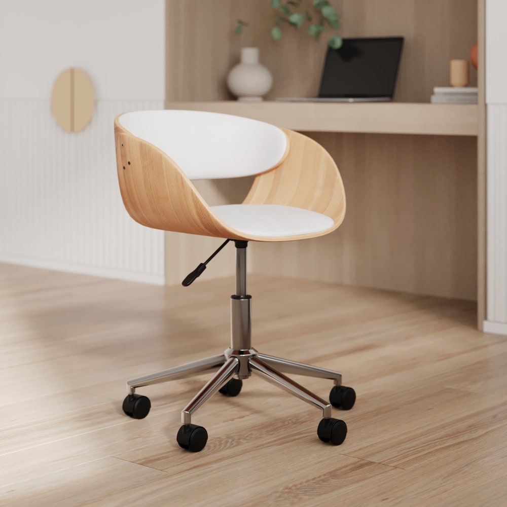 Chaise de bureau pivotante sur roulettes en bois et PU blanc