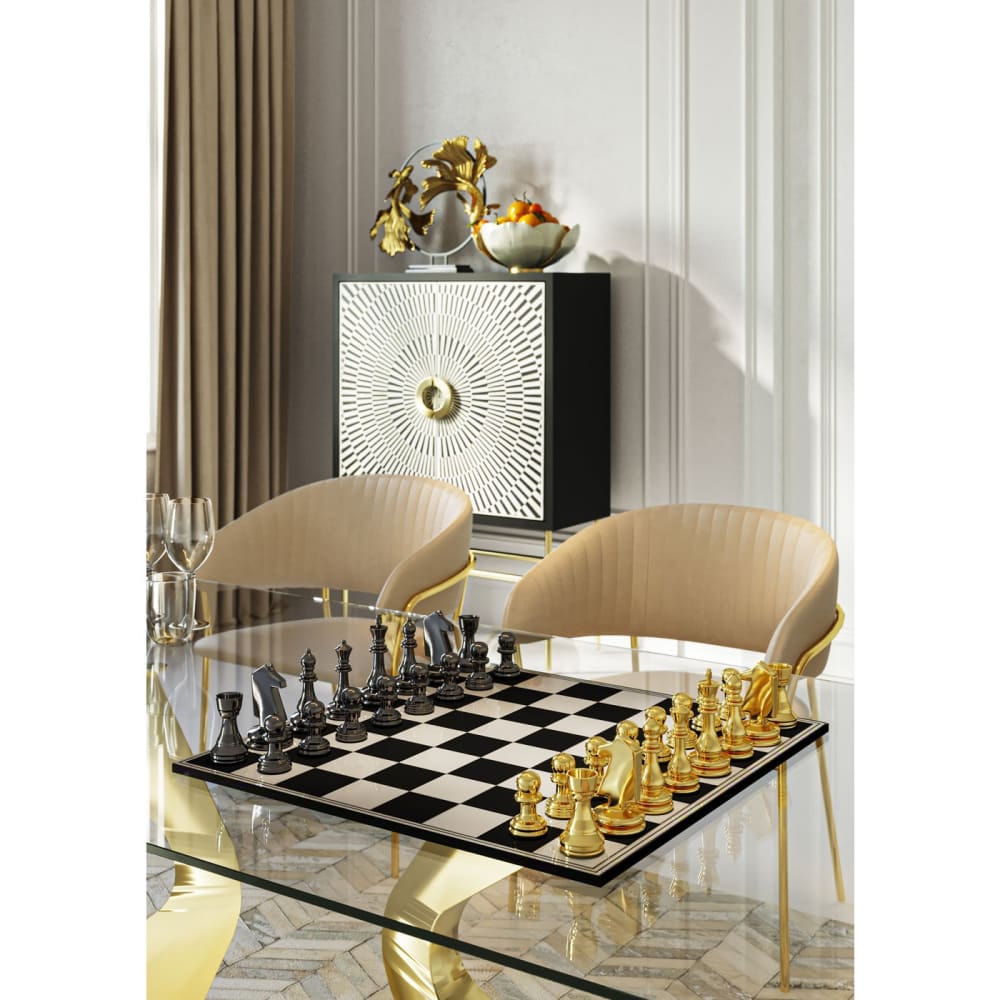 Deko-Objekt Schachbrett mit Figuren, gold und schwarz, 60x60cm -