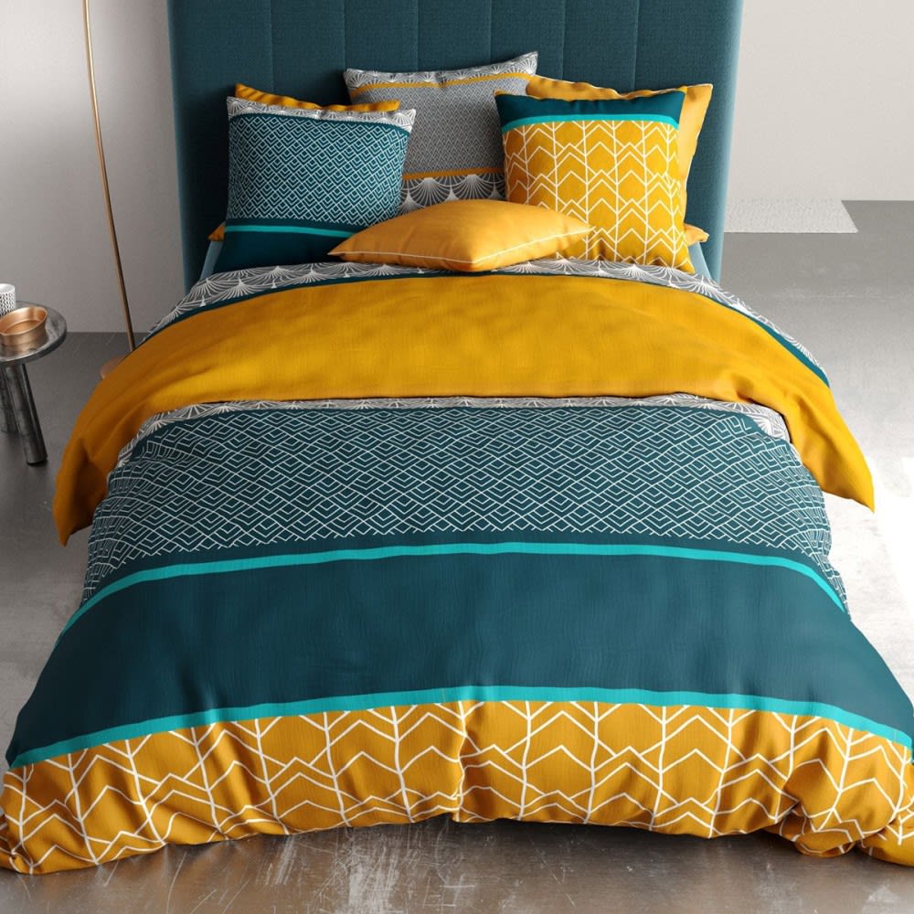 Atelier du coton Parure de couette 100% coton 57 fils imprimée 240x220cm 2 taies style classique chic Vert