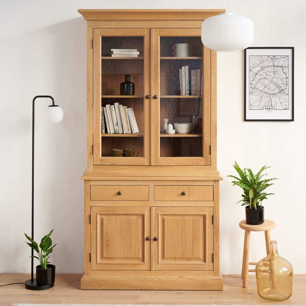 Buffet vaisselier en chêne 2 portes vitrées 2 tiroirs 2 portes bois