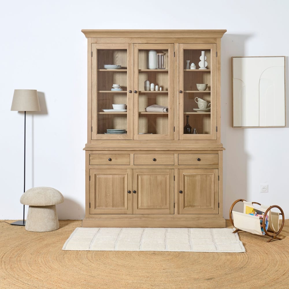Buffet vaisselier en chêne 3 portes vitrées 3 tiroirs 3 portes bois