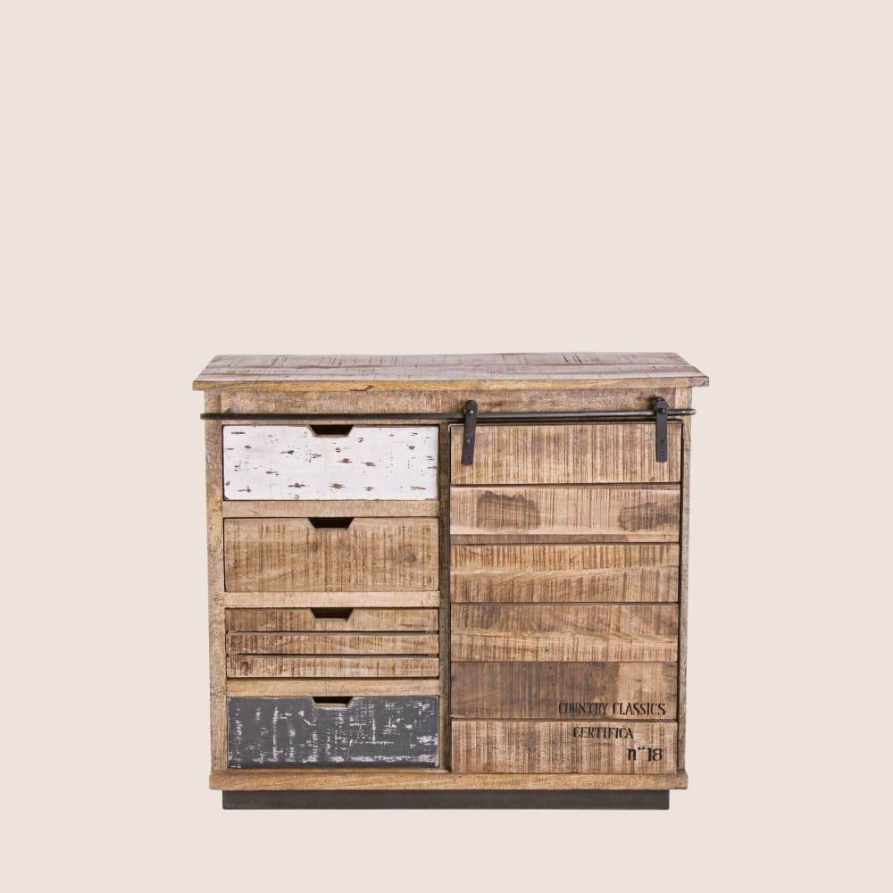 Buffet bas en bois de manguier et métal 1 porte coulissante 4 tiroirs