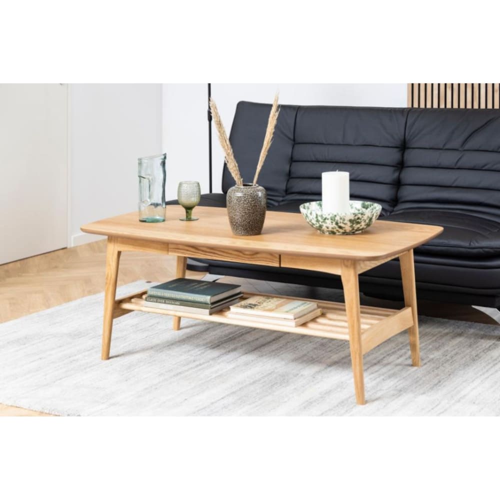 Table basse scandinave rectangulaire en bois massif avec rangement
