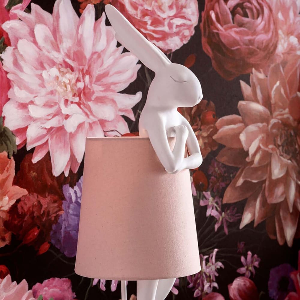 Lampe lapin en polyrésine blanche et lin rose h50 - Maisons du Monde