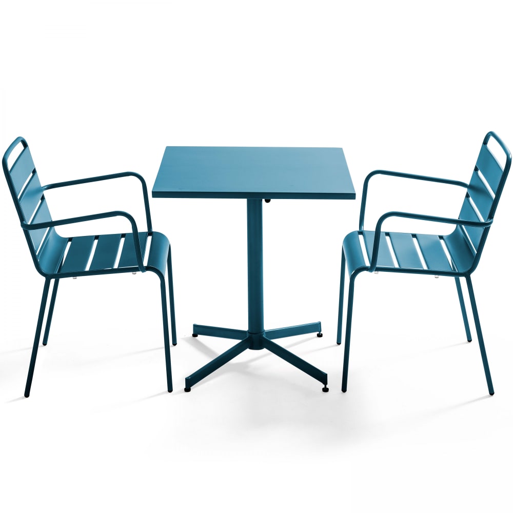 Ensemble table de jardin carrée et 2 fauteuils métal bleu pacific