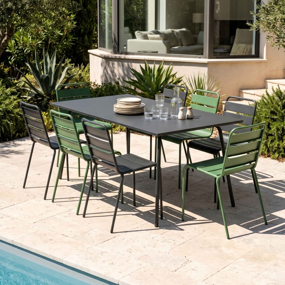 Ensemble table de jardin et 8 chaises en métal gris et vert cactus - Maisons du Monde
