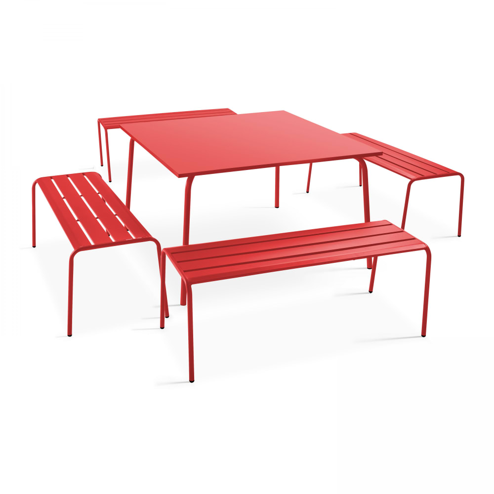 Ensemble table de jardin carrée et 4 bancs en métal rouge