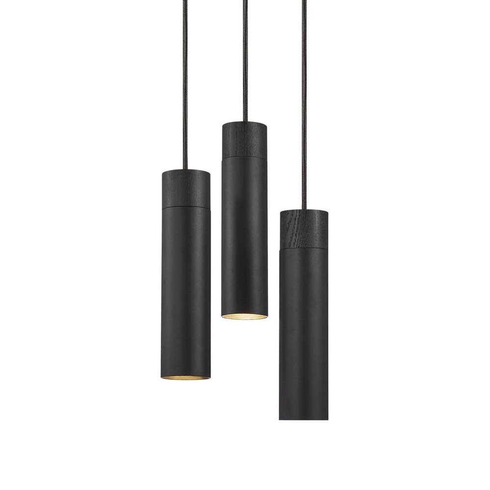 Lámpara de techo 3 luces negro de metal y madera cilíndrica alargada
