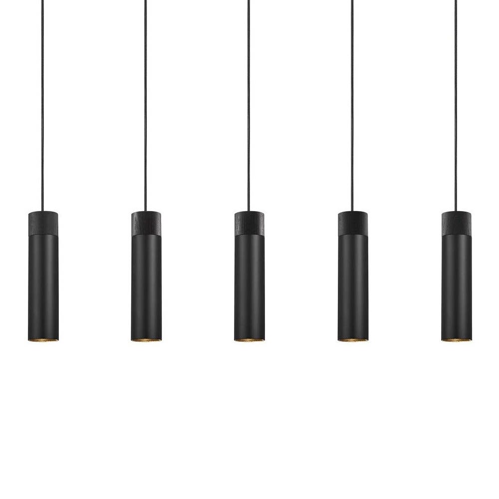 Lámpara regleta de techo 5 luces negro cilíndricas con pieza de madera