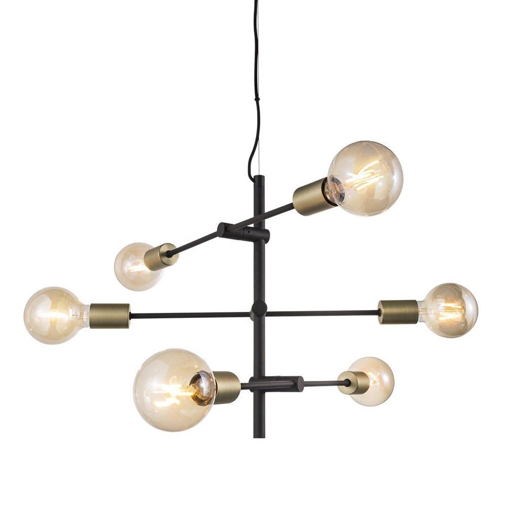 Lampe à suspension noir et laiton 6 lumières à tiges Ø 55 cm
