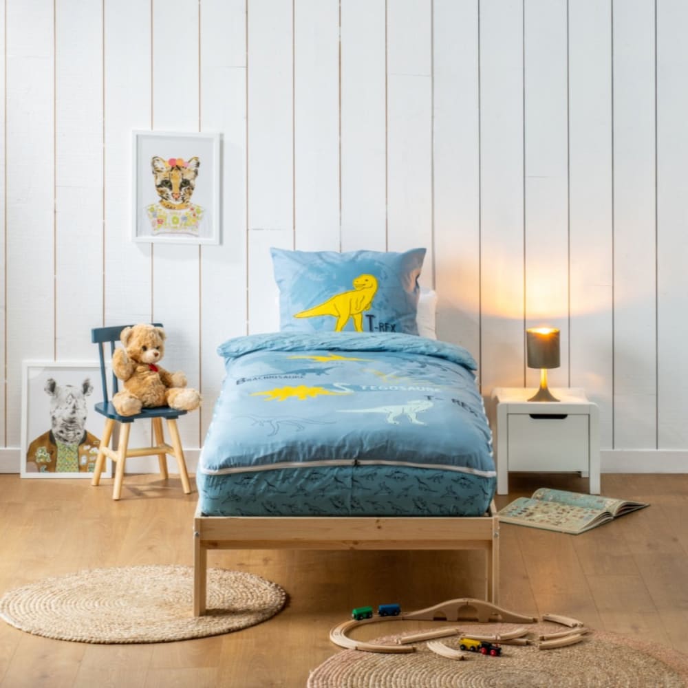 Bleu Câlin Parure de lit enfant bleue avec couette motif dinosaure t-rex 90x190cm Bleu Certifié Oeko-Tex Tissu - 190x0x90cm
