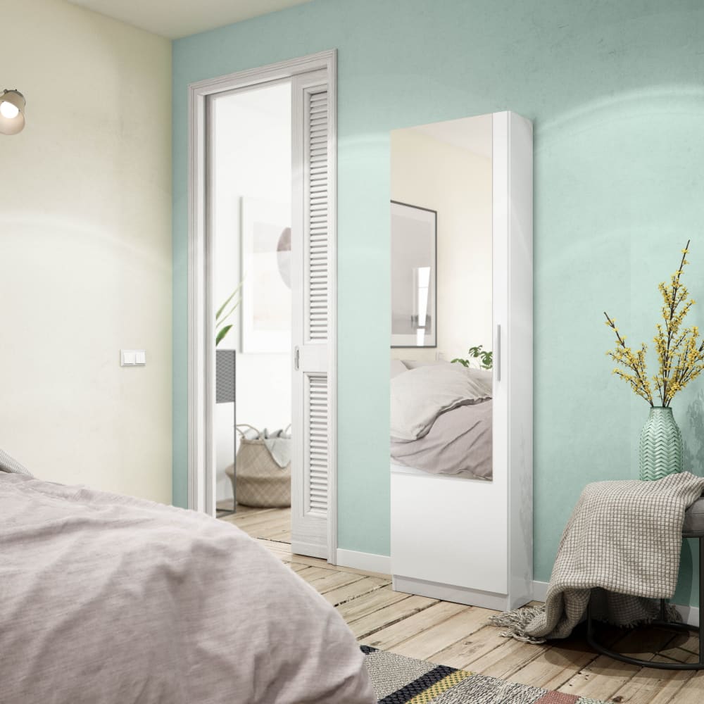 Meuble à chaussures 1 porte avec miroir blanc - H180 x L50 cm