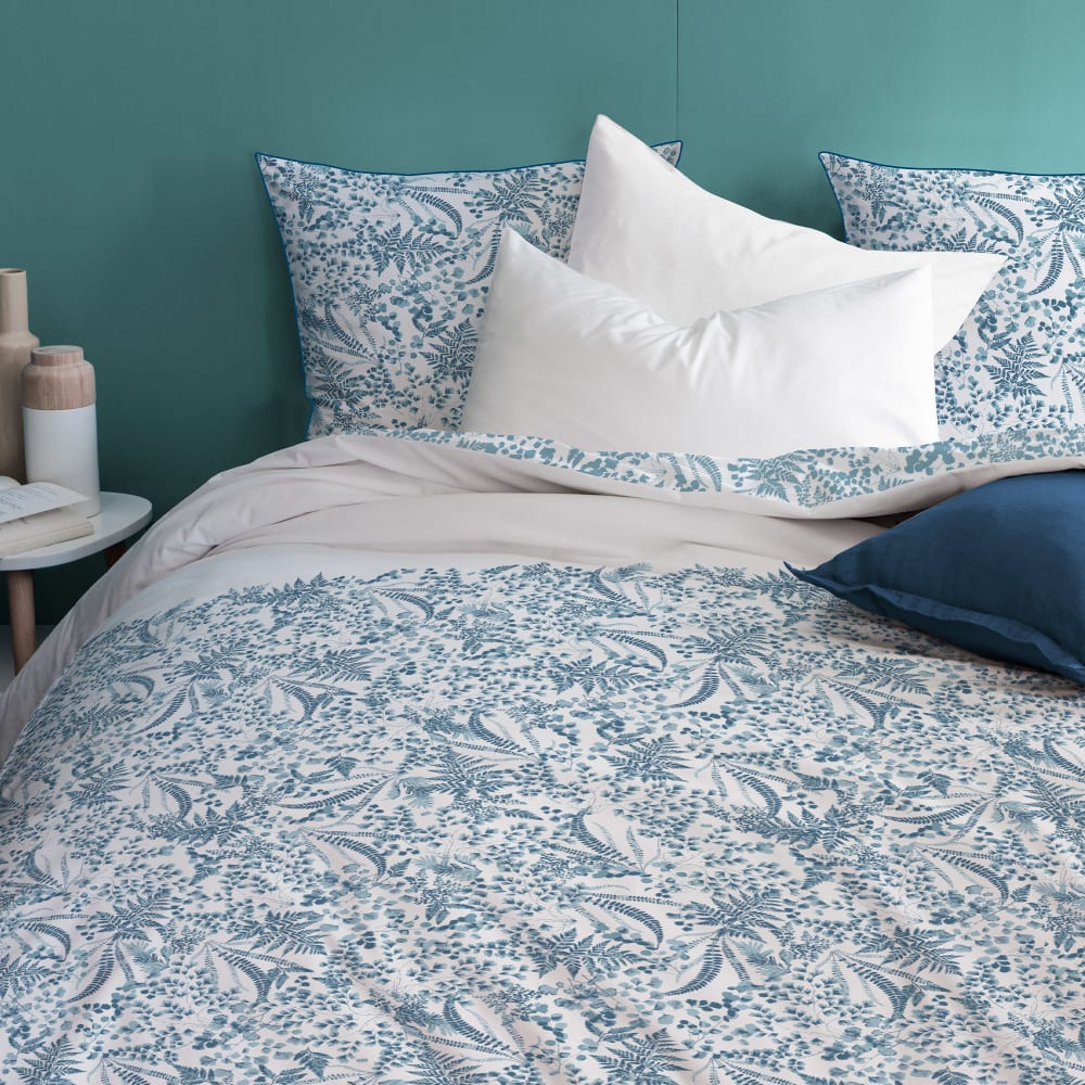 Parure de lit imprimée en coton Bleu 240x220+2x65x65cm