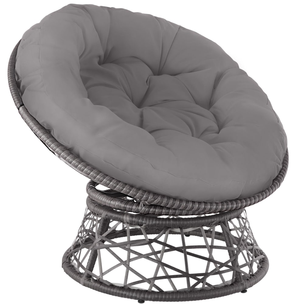 Fauteuil papasan en résine tressée acier rotatif coussin rond gris