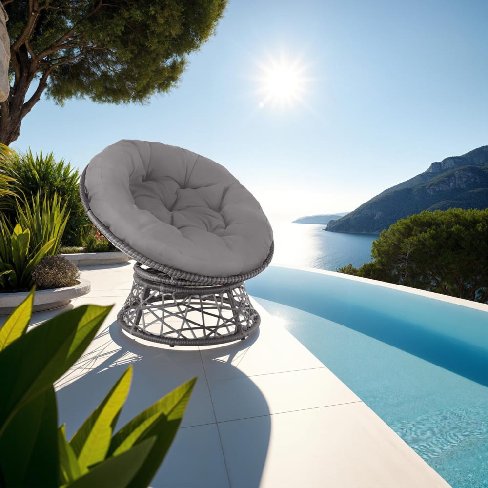 Fauteuil papasan en résine tressée acier rotatif coussin rond gris