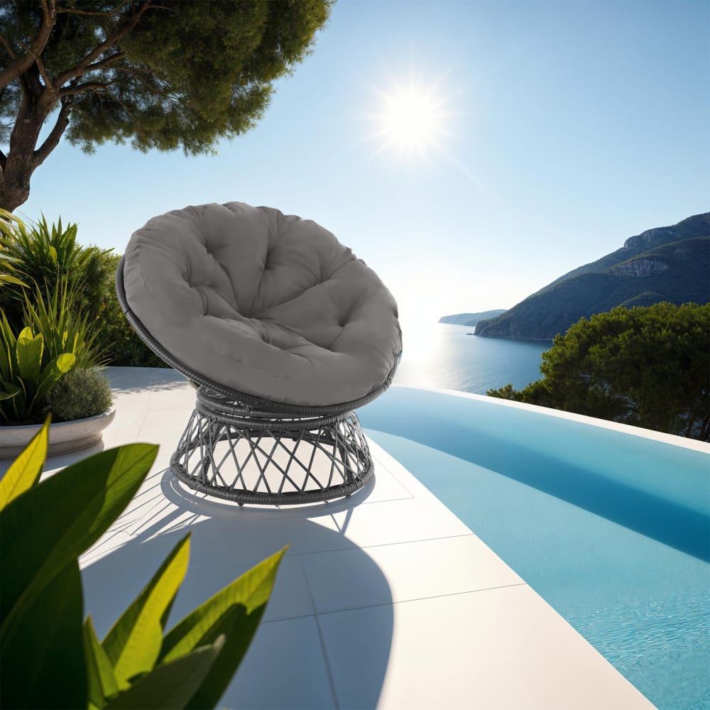 Fauteuil papasan en résine tressée acier rotatif coussin rond noir