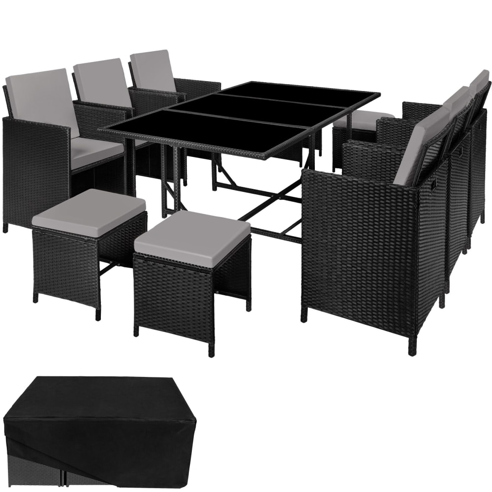 Salon de jardin 10 places avec housse de protection noir/gris