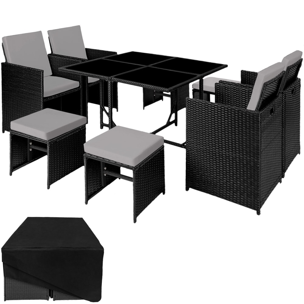 Salon de jardin 8 places avec housse de protection noir/gris