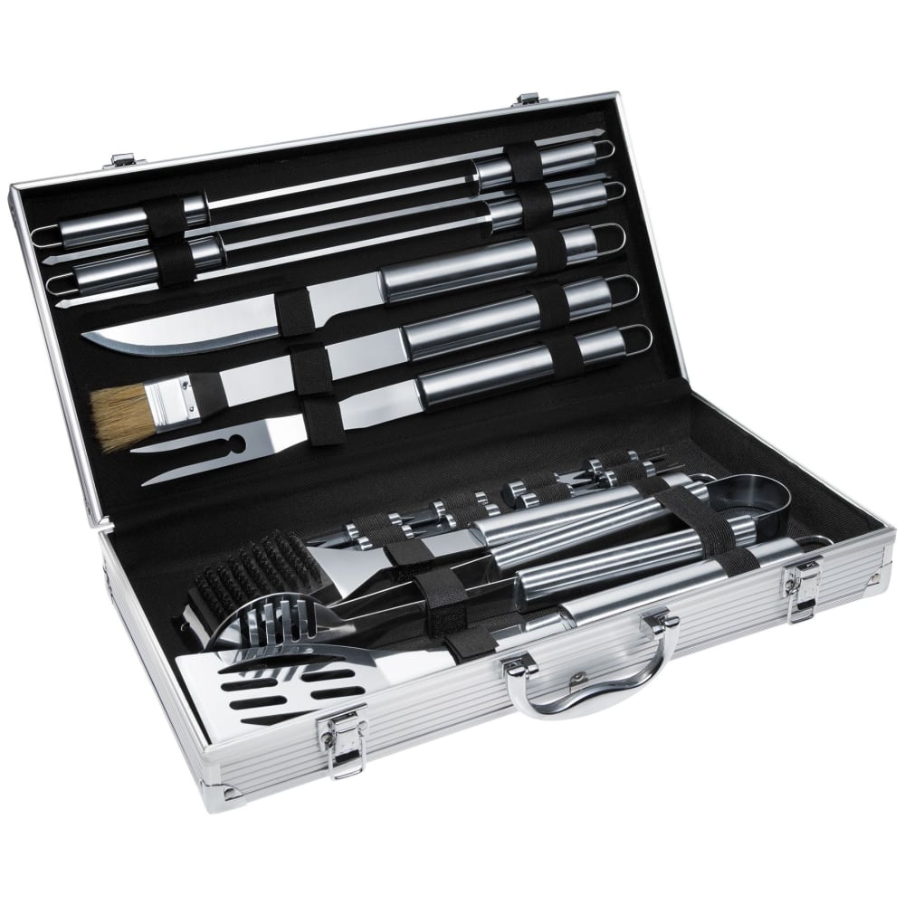 Ensemble 18 pièces coffret couverts barbecue en acier inoxydable gris