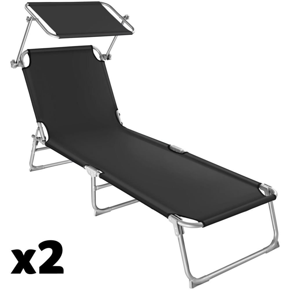 Lot de 2 transats pliables en acier polyester dossier réglable, noir