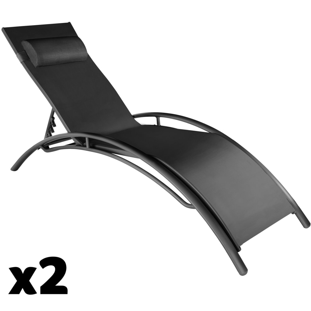 Lot de 2 transats en acier réglables 5 positions coussin de tête noir