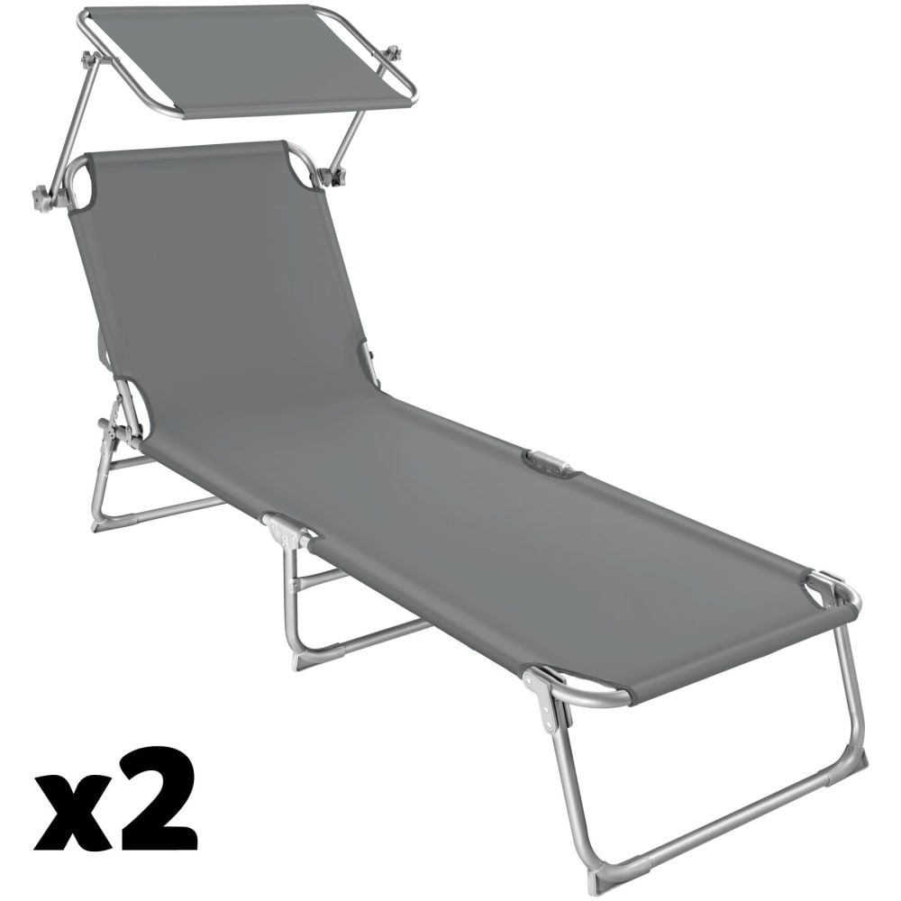 Lot de 2 transats pliables en acier dossier réglable 4 positions gris