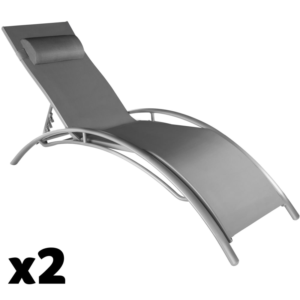Lot de 2 transats en acier réglables 5 positions avec coussin gris