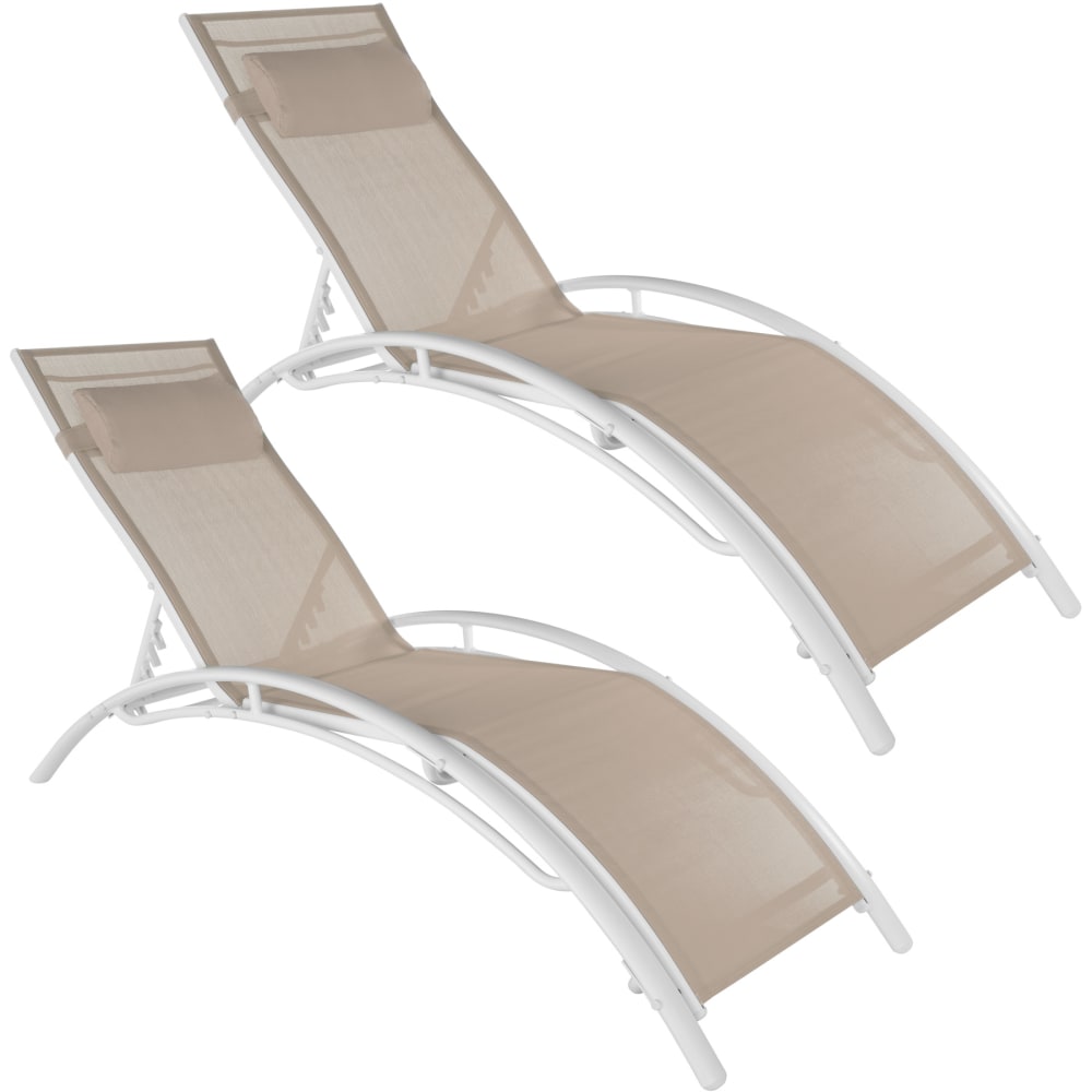 Lot de 2 transats acier réglables 5 positions coussin de tête beige