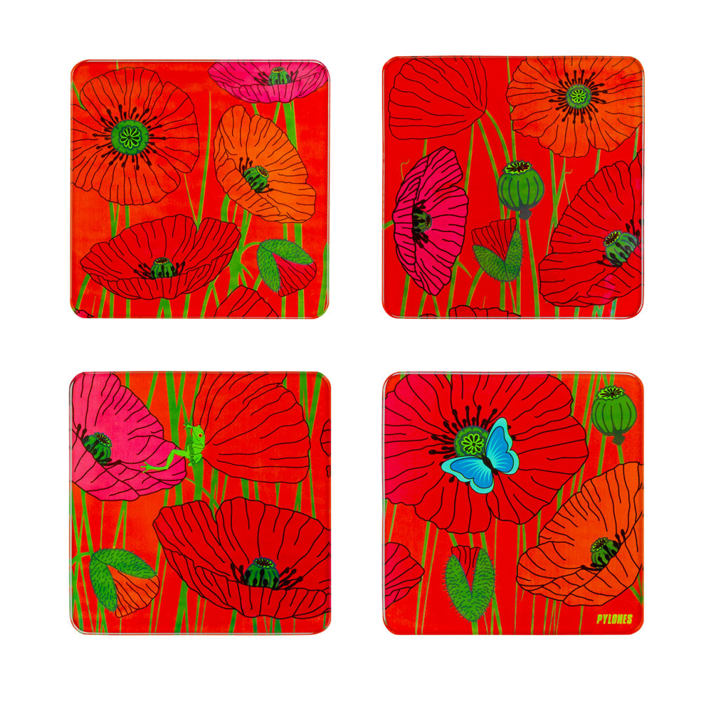 Set de 4 dessous de verre rouge verre 10 x 10 x 1 cm