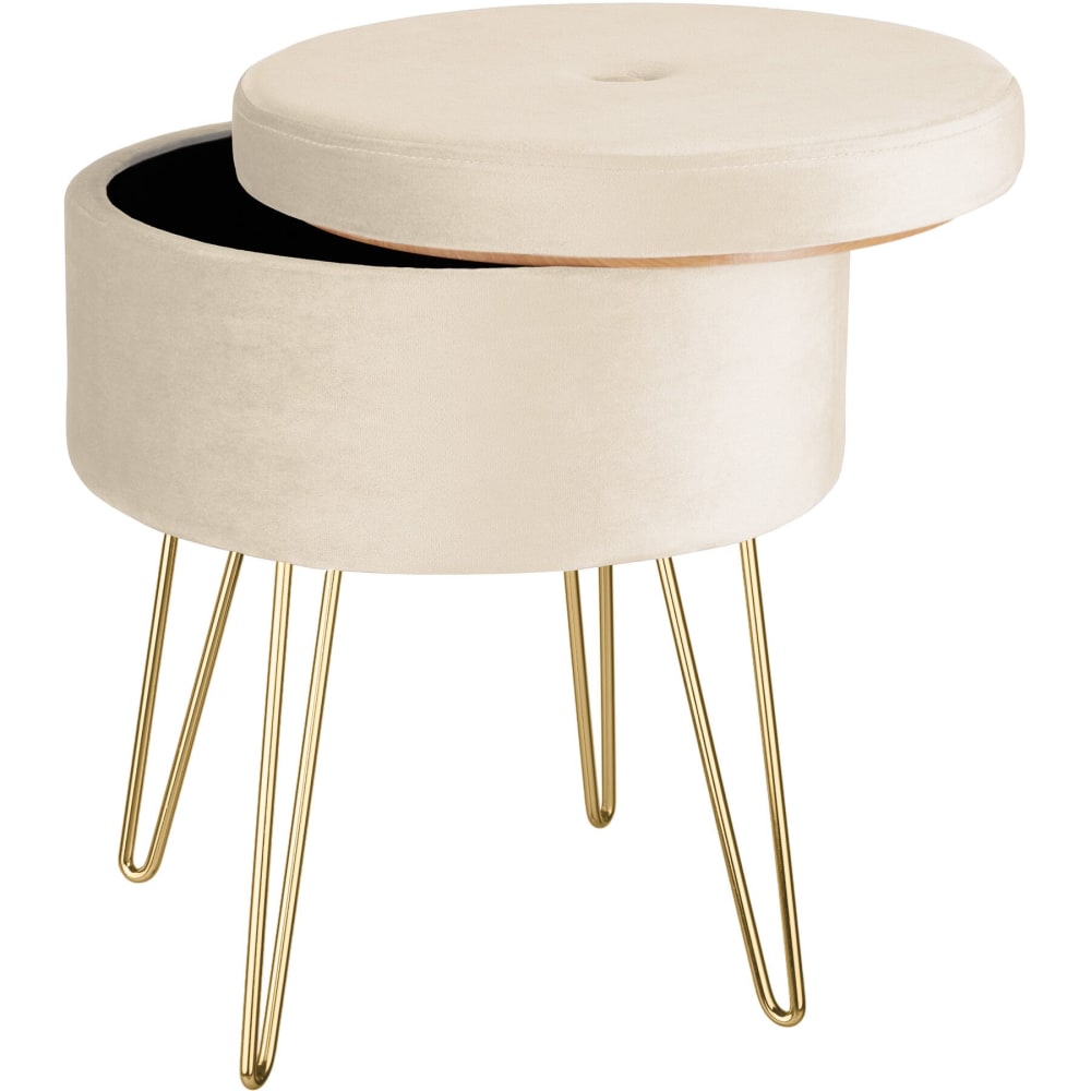 Coffre de rangement rond aspect velours en panneau de fibres crème Coffre de rangement rond aspect velours en panneau de fibres crème
