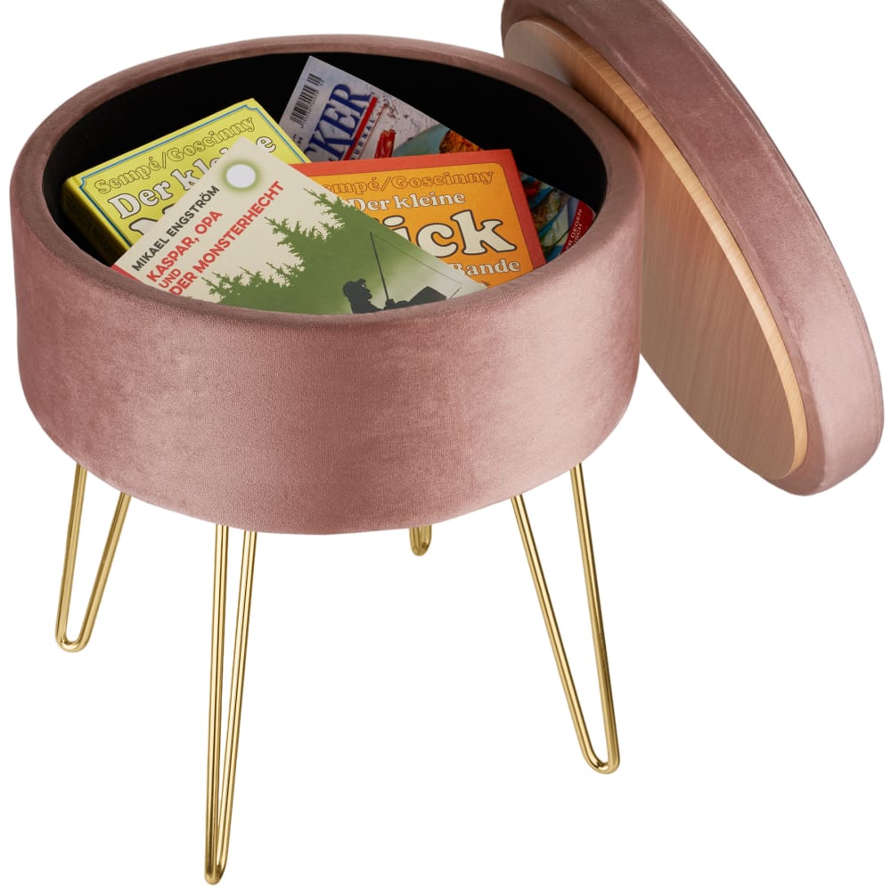 Banc tabouret coffre de rangement rond aspect velours rose