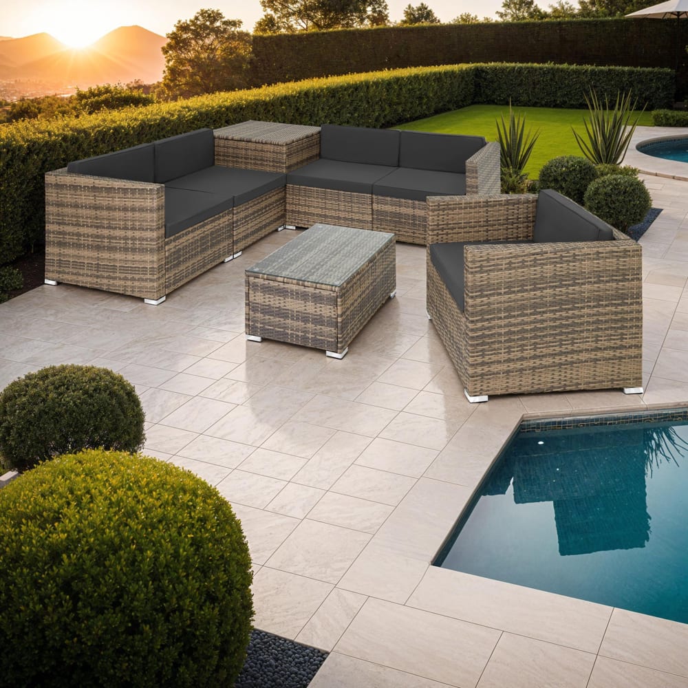 Canapé de jardin en polyéthylène acier 5 places coffre marron naturel