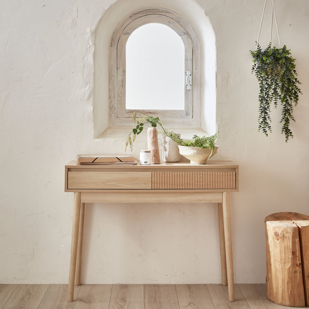Consola con efecto madera de 2 cajones, 100cm, madera