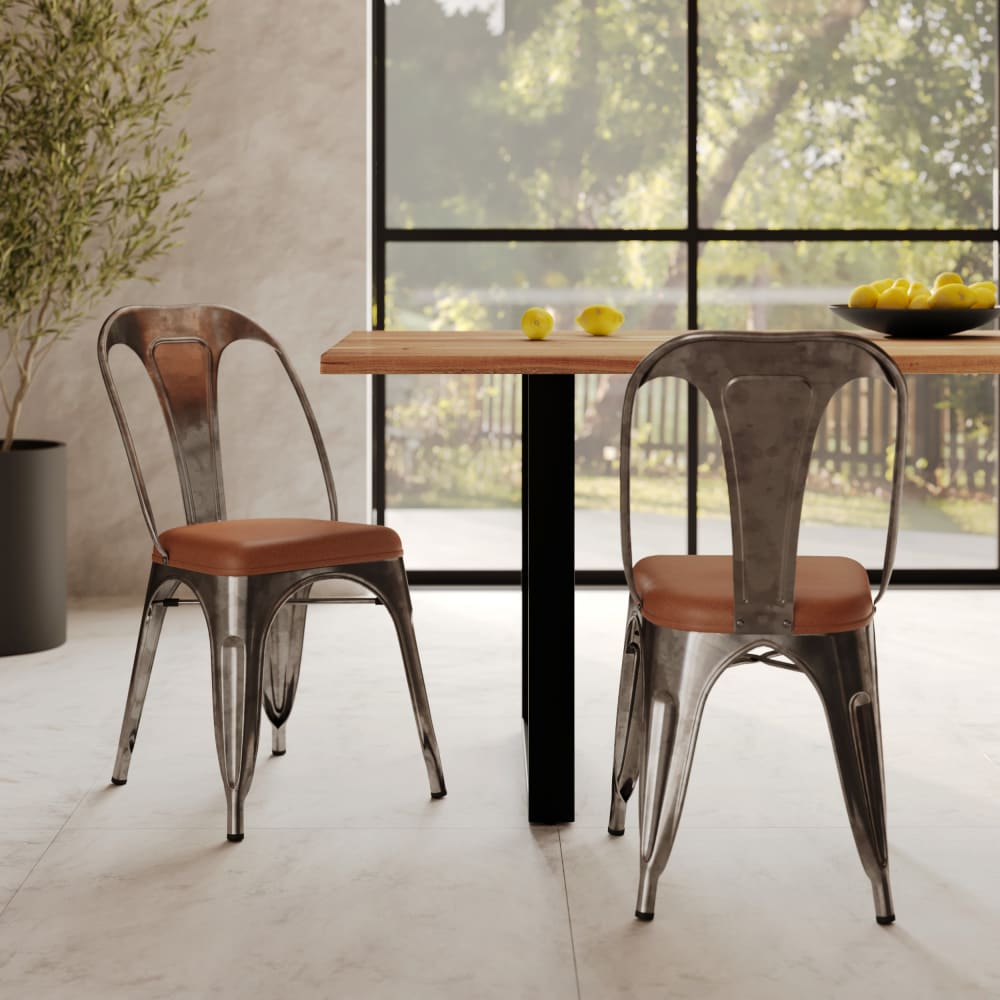 Set di 2 sedie in metallo grigio e pelle sintetica marrone -