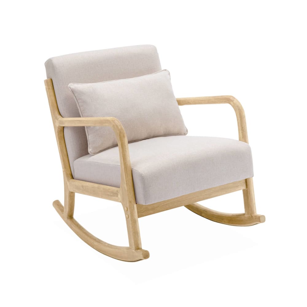 Poltrona scandinava a dondolo in legno e tessuto con braccioli,