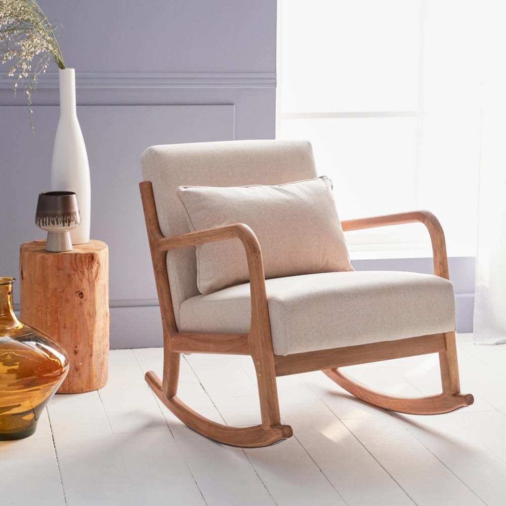 Rocking chair design tissu beige et bois - lorens rocking