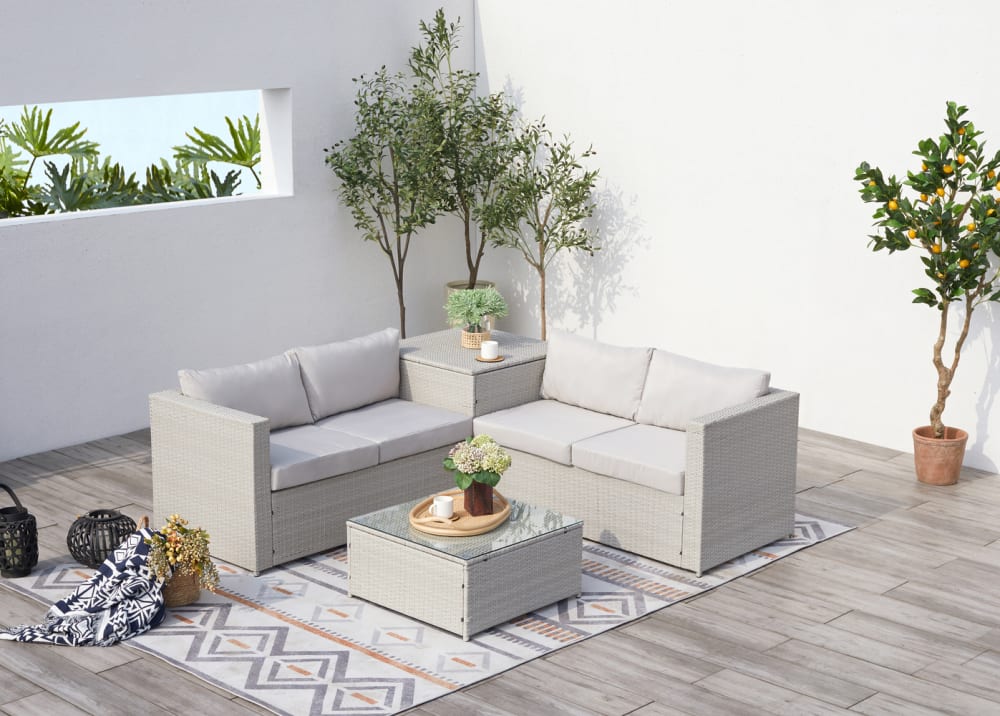 Salon de jardin en résine tressée 4 places avec coffre gris clair